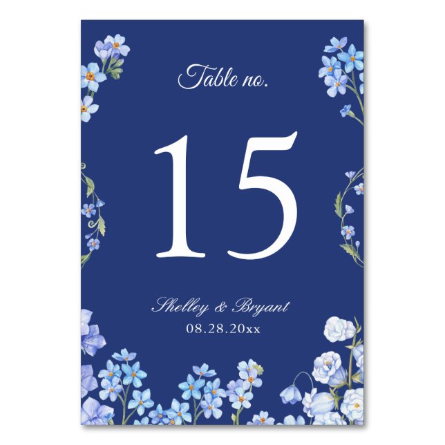 Elegant Forget Me Nots Floral Wedding Table Number (Front)