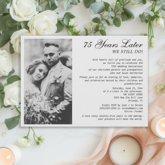 Elegant Formal 75th Anniversary Wedding Photo  Invitation (75th wedding anniversary invitation with photo.)