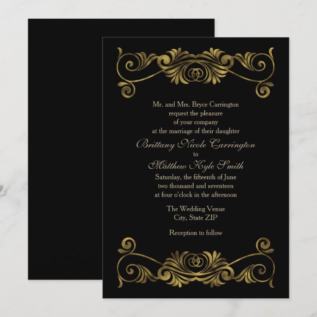 Elegant Formal Black and Gold Wedding Invitation (Front/Back)