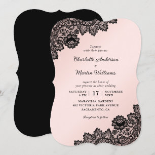 Elegant Formal Black and Pink Floral Lace Wedding Invitation