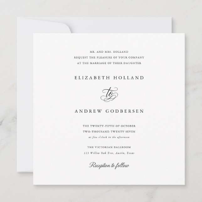 Elegant Formal Black And White Square Wedding Invitation (Front)