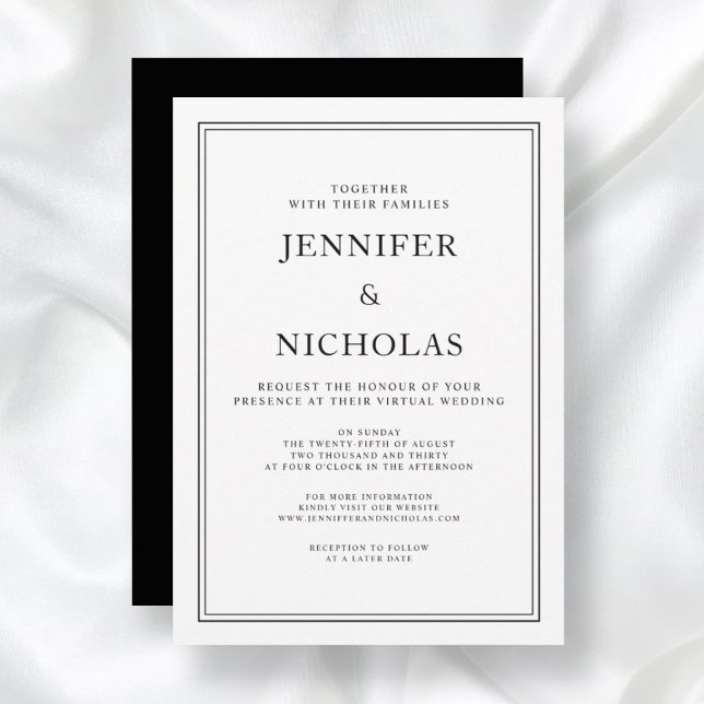 Elegant Formal Black And White Virtual Wedding  Invitation (Front/Back Elegant Classic Formal Black White Virtual Wedding Invitation)