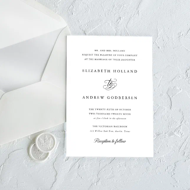 Elegant Formal Black And White Wedding Invitation | Zazzle
