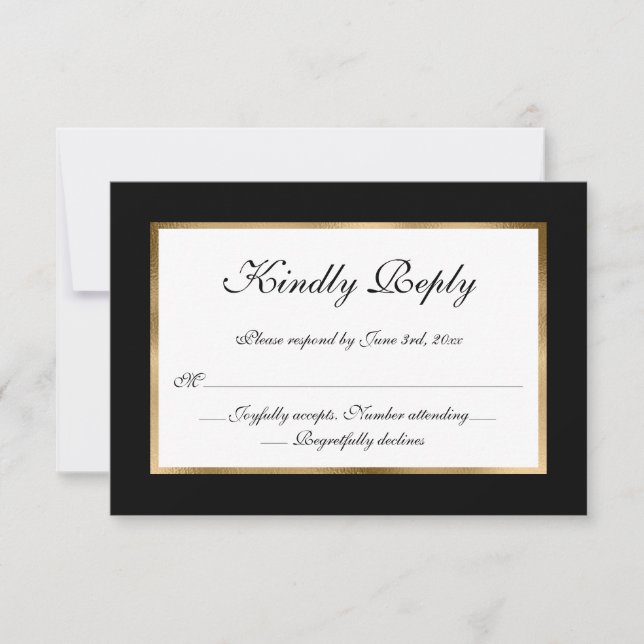 Elegant Formal Black White Gold Wedding RSVP card (Front)
