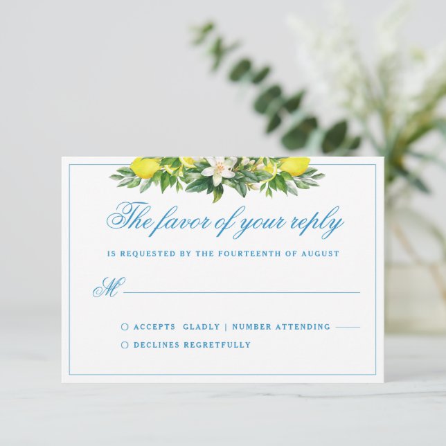 Elegant Formal Blue Floral Crest Wedding RSVP  Enclosure Card (Standing Front)