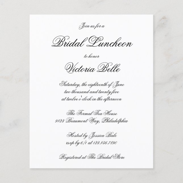 Elegant Formal Budget Bridal Luncheon Invitation (Front)
