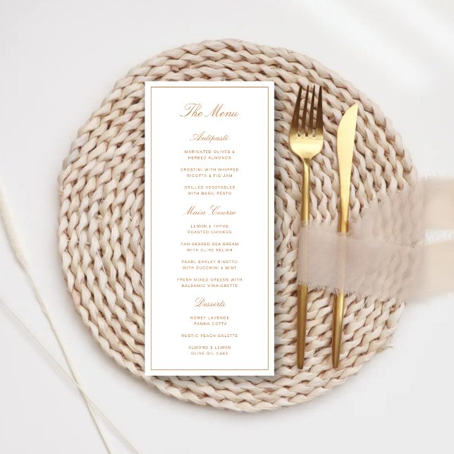Elegant Formal Burnt Orange Wedding Menu (Elegant burnt orange wedding menus showcase your meal selection with warm sophistication.)