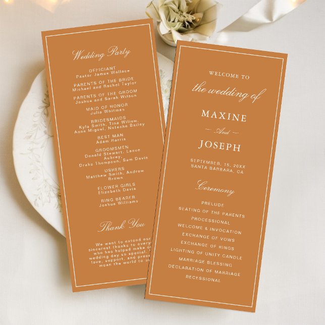 Elegant Formal Burnt Orange Wedding Programme (Elegant burnt orange wedding programs share your day’s details with refined style.)