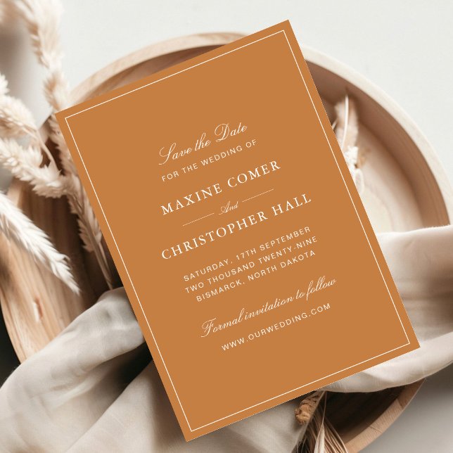 Elegant Formal Burnt Orange Wedding Save The Date (Elegant burnt orange save the dates build excitement with warm and sophisticated style.)