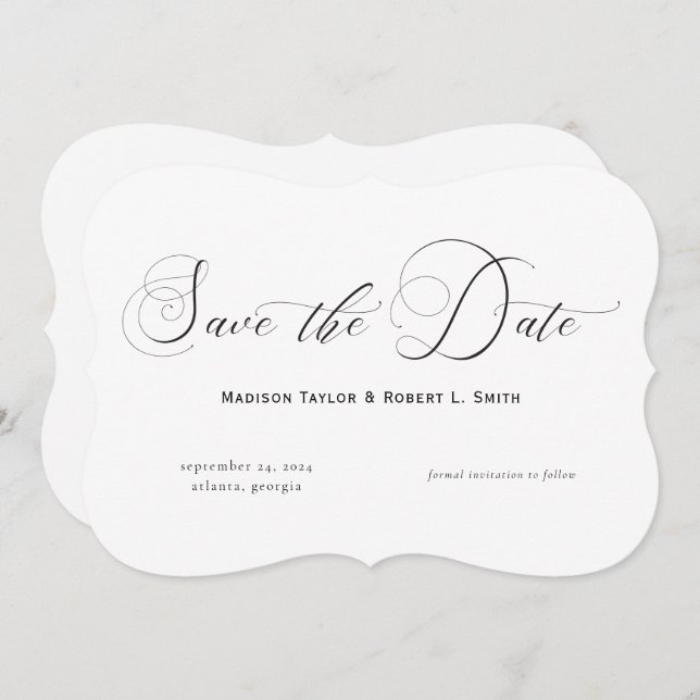 Elegant Formal Calligraphy Black White Wedding Save The Date (Front/Back)