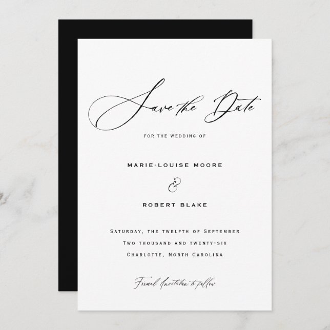 Elegant Formal Calligraphy Ink Wedding Save The Date (Front/Back)