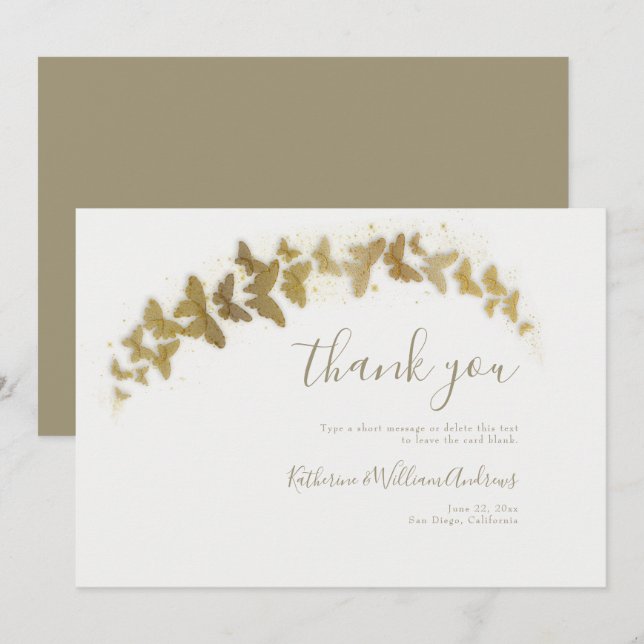 Elegant Formal Classic Gold Butterflies Wedding Thank You Card (Front/Back)