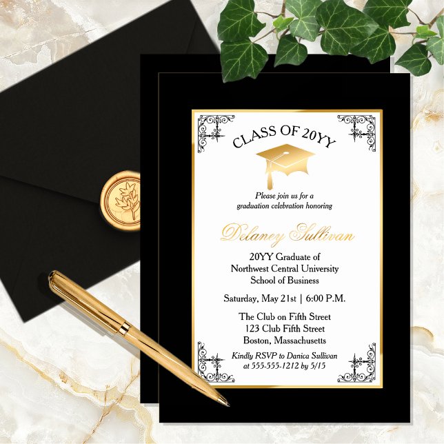 Elegant Formal College Graduation Party Gold (Elegant Gold Foil, Black and White Formal College Graduation Party Invitation)