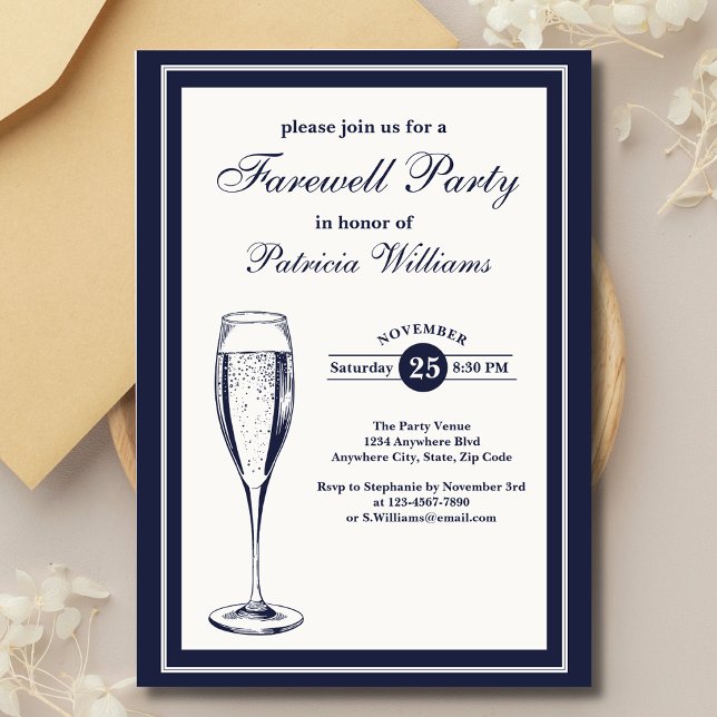 Elegant Formal Dark Bleu White Farewell Party   Invitation (Creator Uploaded)