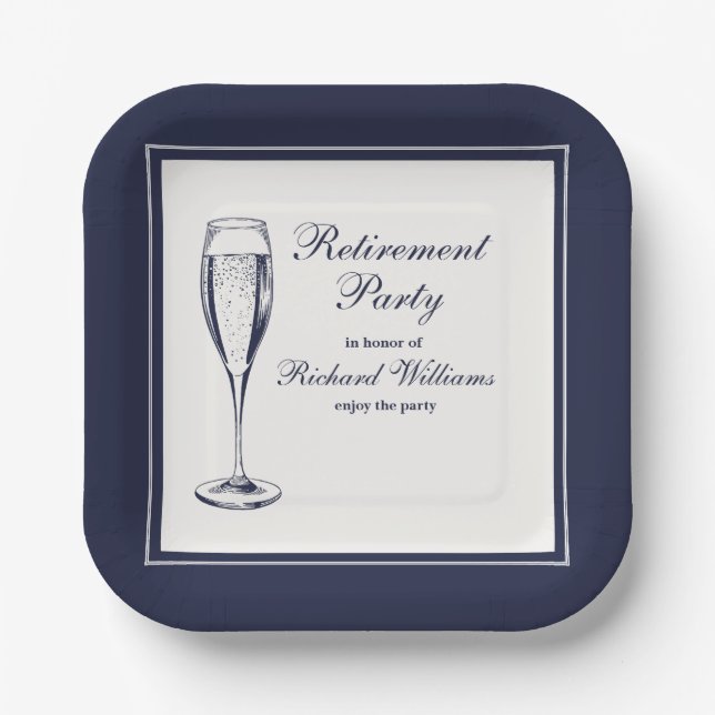 Elegant Formal Dark Bleu White Retirement  Paper Plate (Front)