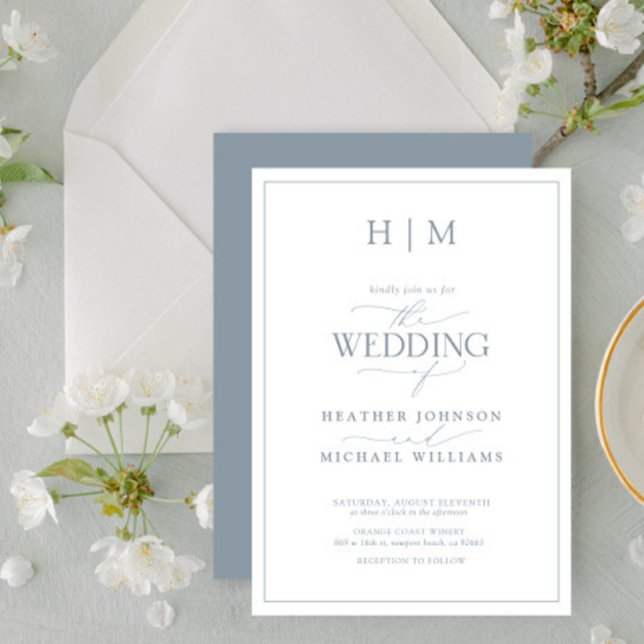 Elegant Formal Dusty Blue Calligraphy Wedding Invitation (Creator Uploaded)