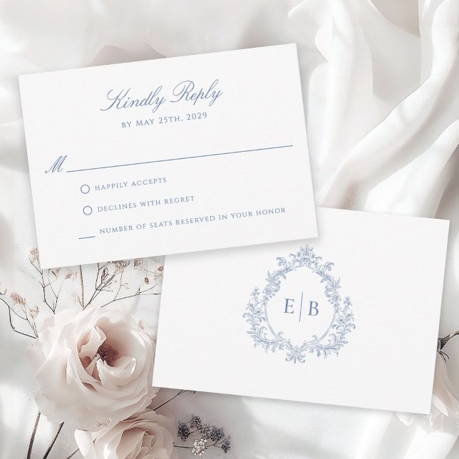 Elegant Formal Dusty Blue Crest Monogram Logo RSVP Card (Creator Uploaded)