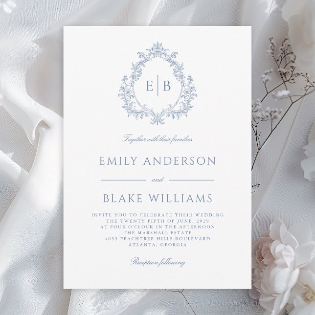 Elegant Formal Dusty Blue Monogram Wedding Crest Invitation (Available in both printed and instant download digital formats.)