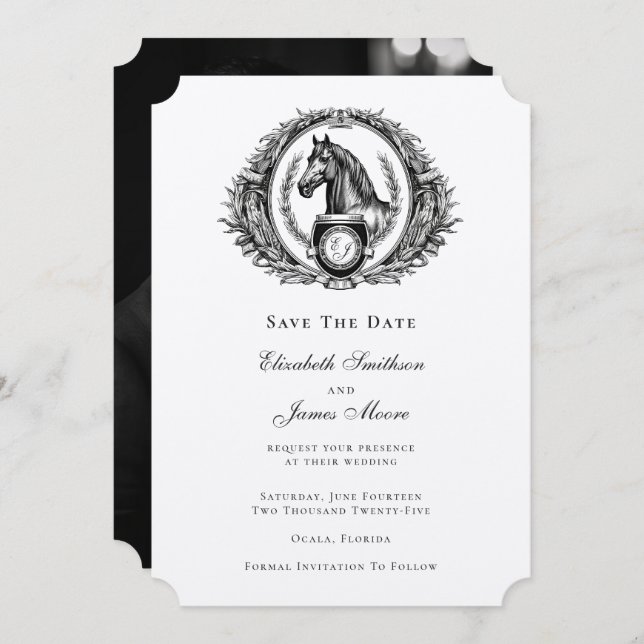 Elegant Formal Equestrian Monogram Crest Photo Save The Date (Front/Back)