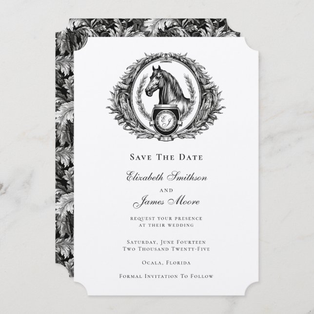 Elegant Formal Equestrian Monogram Crest Wedding Save The Date (Front/Back)