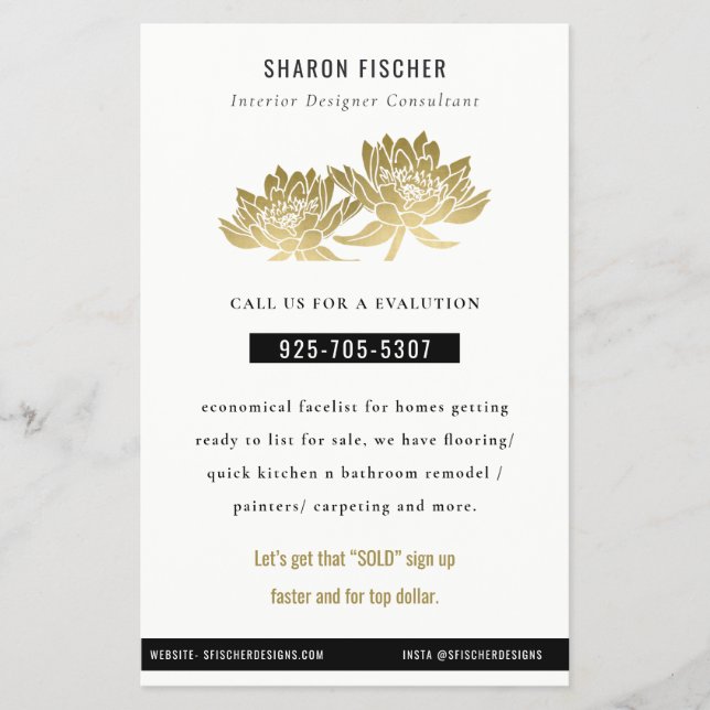 Elegant Formal Faux Gold Lotus Floral Business Flyer (Front)