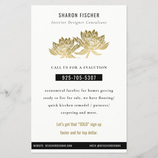 Elegant Formal Faux Gold Lotus Floral Business Flyer (Front)
