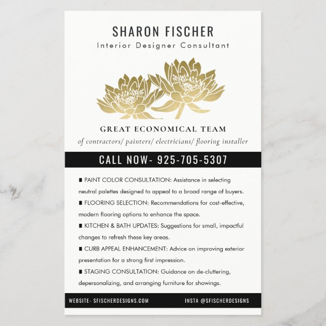 Elegant Formal Faux Gold Lotus Floral Business Flyer (Front)