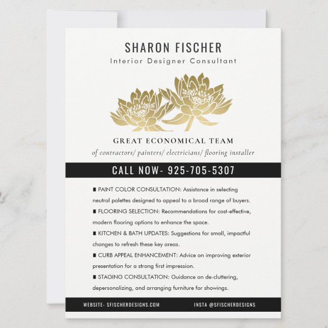 Elegant Formal Faux Gold Lotus Floral Business Invitation (Front)