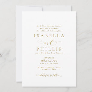 Elegant formal gold, black, white wedding invitation