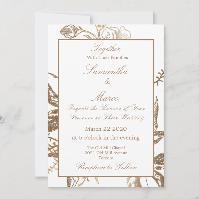 Elegant Formal Gold Faux Metal Floral Wedding Invitation (Front)