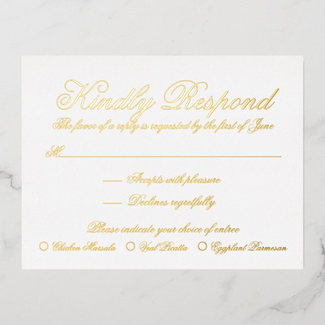 Elegant Formal Gold Foil Wedding RSVP Card (Front)