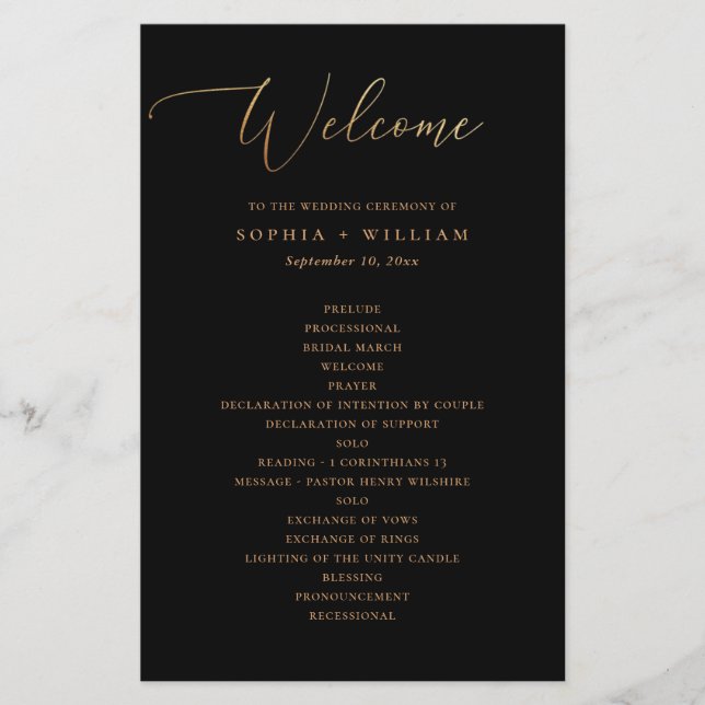Elegant Formal Gold Script & Black Wedding Program (Front)