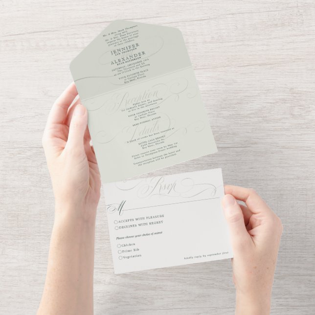Elegant Formal Green Sage Wedding All In One Invitation (Tearaway)