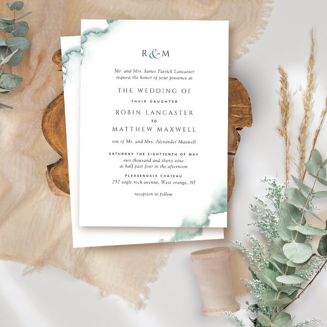 Elegant, Formal Green Watercolor Monogram Wedding Invitation (Creator Uploaded)