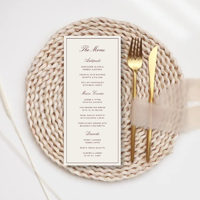 Elegant Formal Ivory & Burgundy Wedding Menu (Elegant ivory and burgundy wedding menu adds refined beauty to your dining experience.)