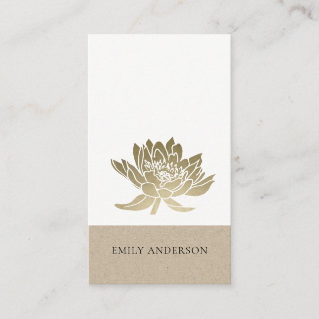 ELEGANT FORMAL KRAFT GLAM FAUX GOLD LOTUS FLORAL BUSINESS CARD (Front)