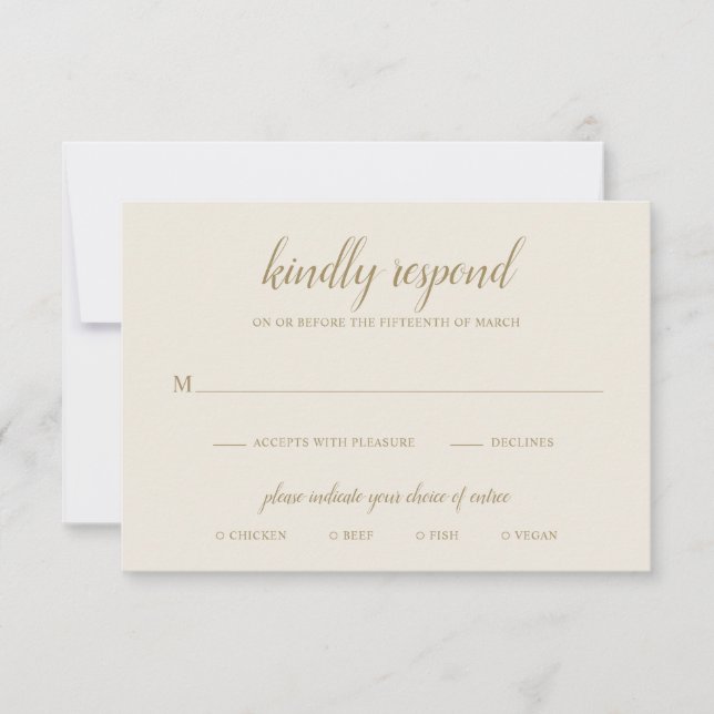 Elegant Formal Meal Neutral Gold Ivory Wedding RSVP Card (Front)