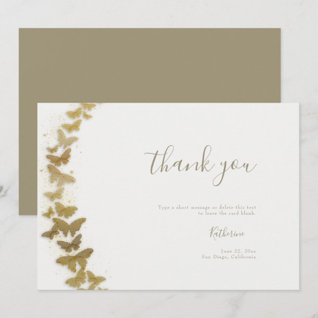 Elegant Formal Modern Gold Butterflies Boho Bridal Thank You Card (Front/Back)