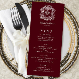 Elegant Formal Monogram Crest Burgundy Wedding Menu