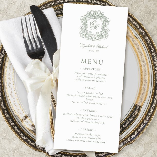 Elegant Formal Monogram Crest Sage Green Wedding Menu (Creator Uploaded)