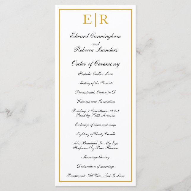 Elegant Formal Monogram Gold Wedding Programme (Front)