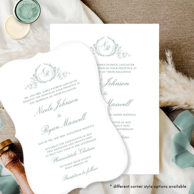 Elegant Formal Monogram Pale Green Wedding Invitation (Creator Uploaded)
