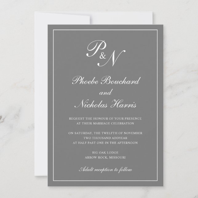 Elegant Formal Monogram Simple Grey Wedding Invitation (Front)