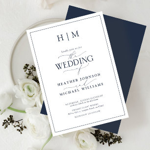 Elegant Formal Navy Blue Calligraphy Wedding Invitation