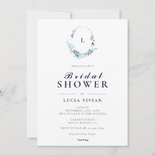 Elegant Formal Navy Blue Monogram Bridal Shower Invitation
