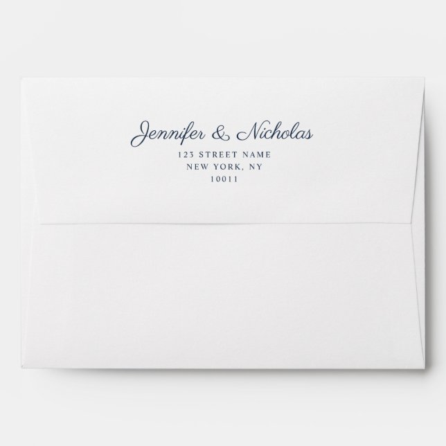 Elegant Formal Navy Blue Script Wedding Address Envelope (Back (Top Flap))