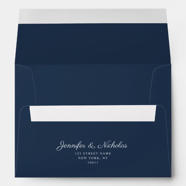 Elegant Formal Navy Blue Script Wedding Address Envelope (Back (Bottom))