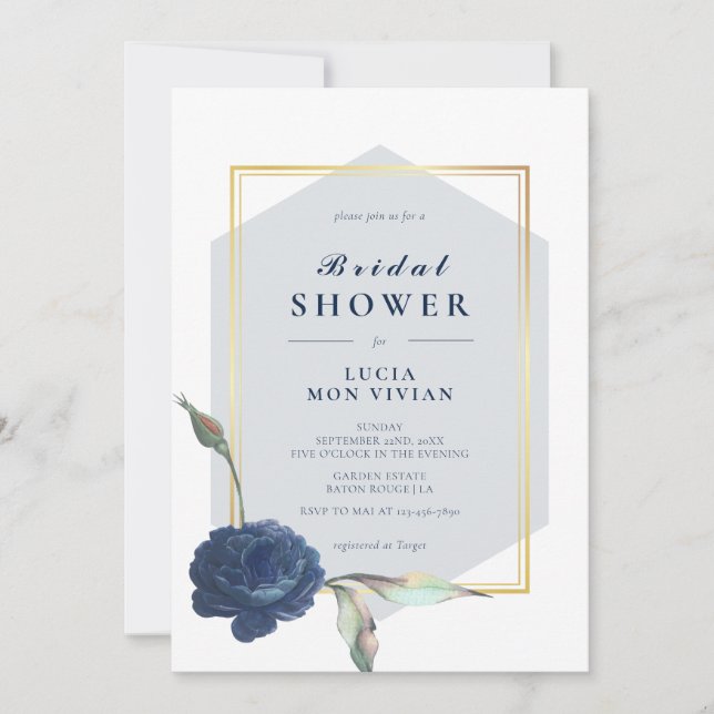 Elegant Formal Navy Golden Frame Bridal Shower Invitation (Front)