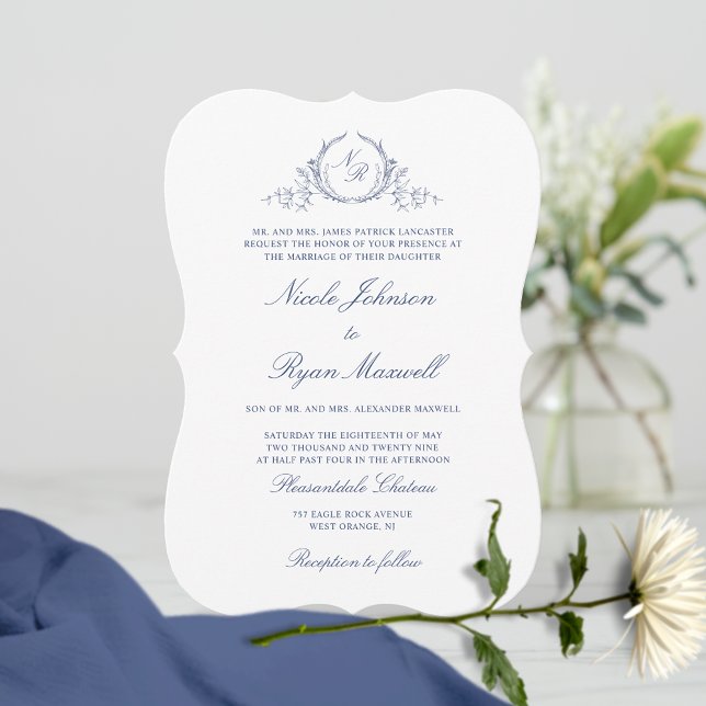 Elegant Formal Navy Monogram Wedding Invitation (Creator Uploaded)