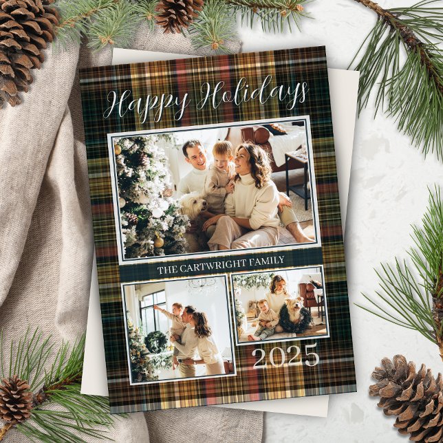 Elegant Formal Plaid Family Photo Happy Holidays Holiday Card (modern rustic plaid happy holidays card with 3 photos family name, year and personalized message)